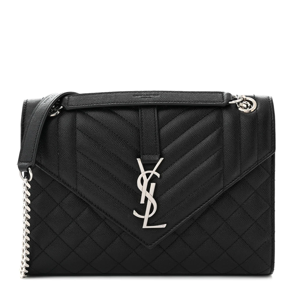Saint Laurent Medium Satchel Black Triquilt Monogram Grain De Poudre Textured Mixed Matelasse Leather Silver Hardware