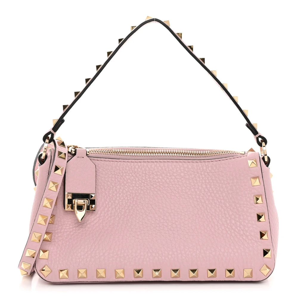 Valentino Garavani Small Rockstud Flip Lock Shoulder Bag Water Rose Pebbled Calfskin Leather Gold Hardware