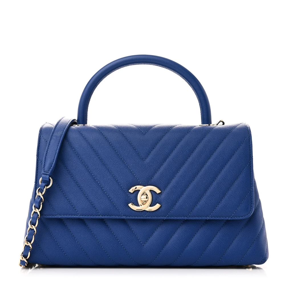 Designer Coco Handle Handbag – Small Blue Chevron