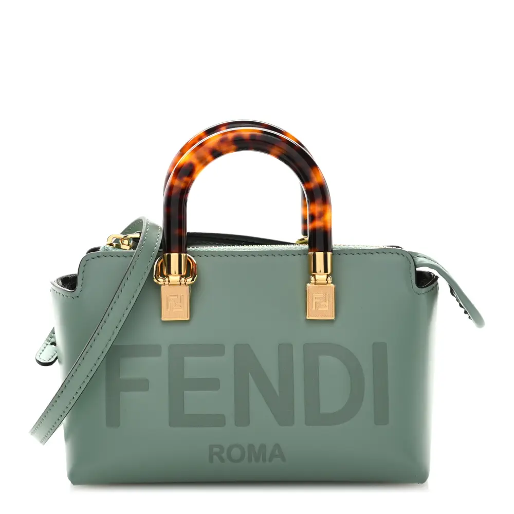 Fendi Mini Logo Embossed By The Way Top Handle Boston Bag Menta King Vitello Leather & Plexiglass Gold Hardware