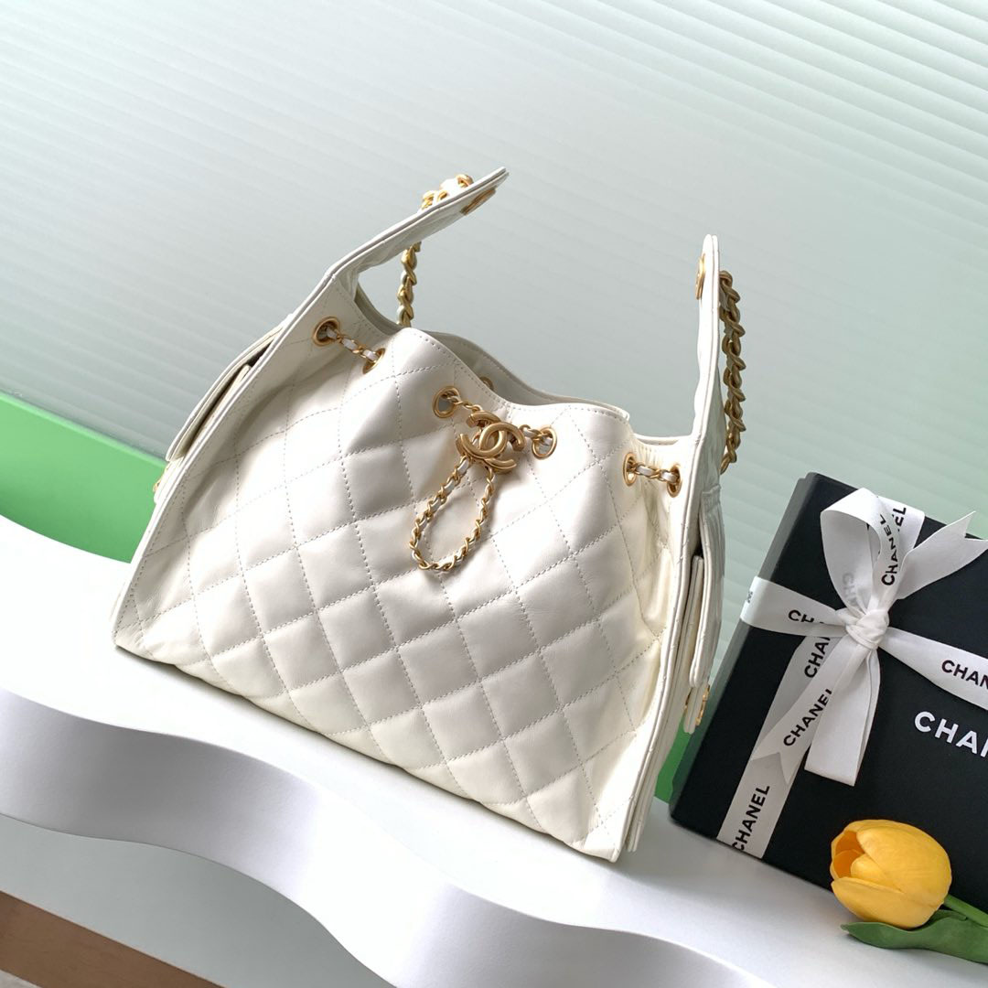Chanel White Quilted Shiny Calfskin Leather Shoulder Bags