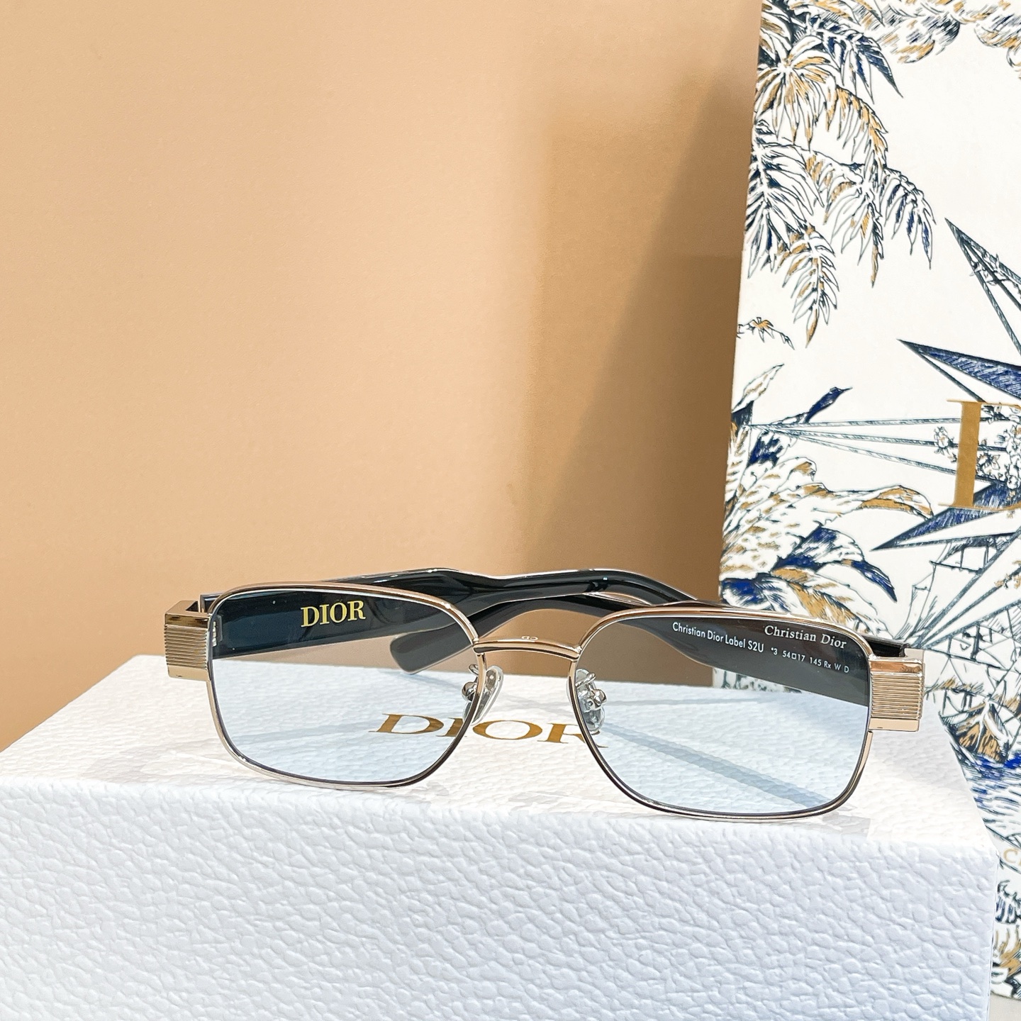 DIOR square frame glasses blue silver/blue light gold/black light gold color Size 54口17-145