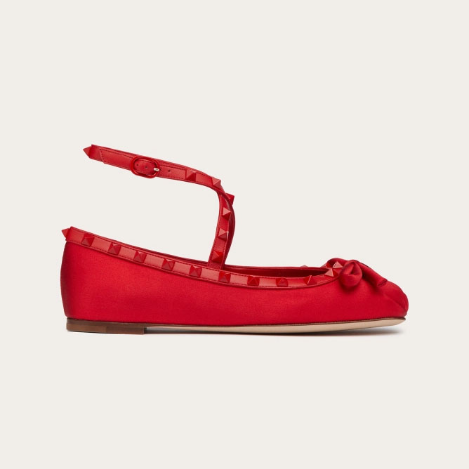 VALENTINO Rivet satin red ballet flats shoes
