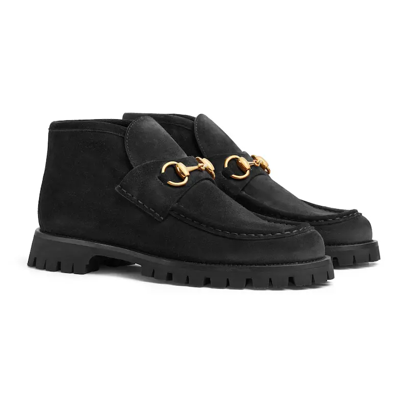 Gucci Round headed black suede horse collar buckle ankle boots