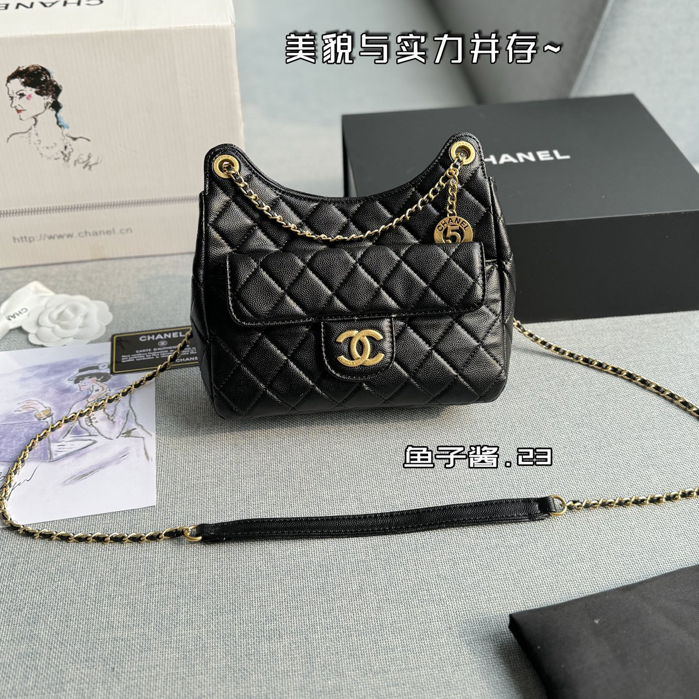 Chanel Black / White Quilted Caviar Leather / Quilted Lambskin Leather Crossbody Bags