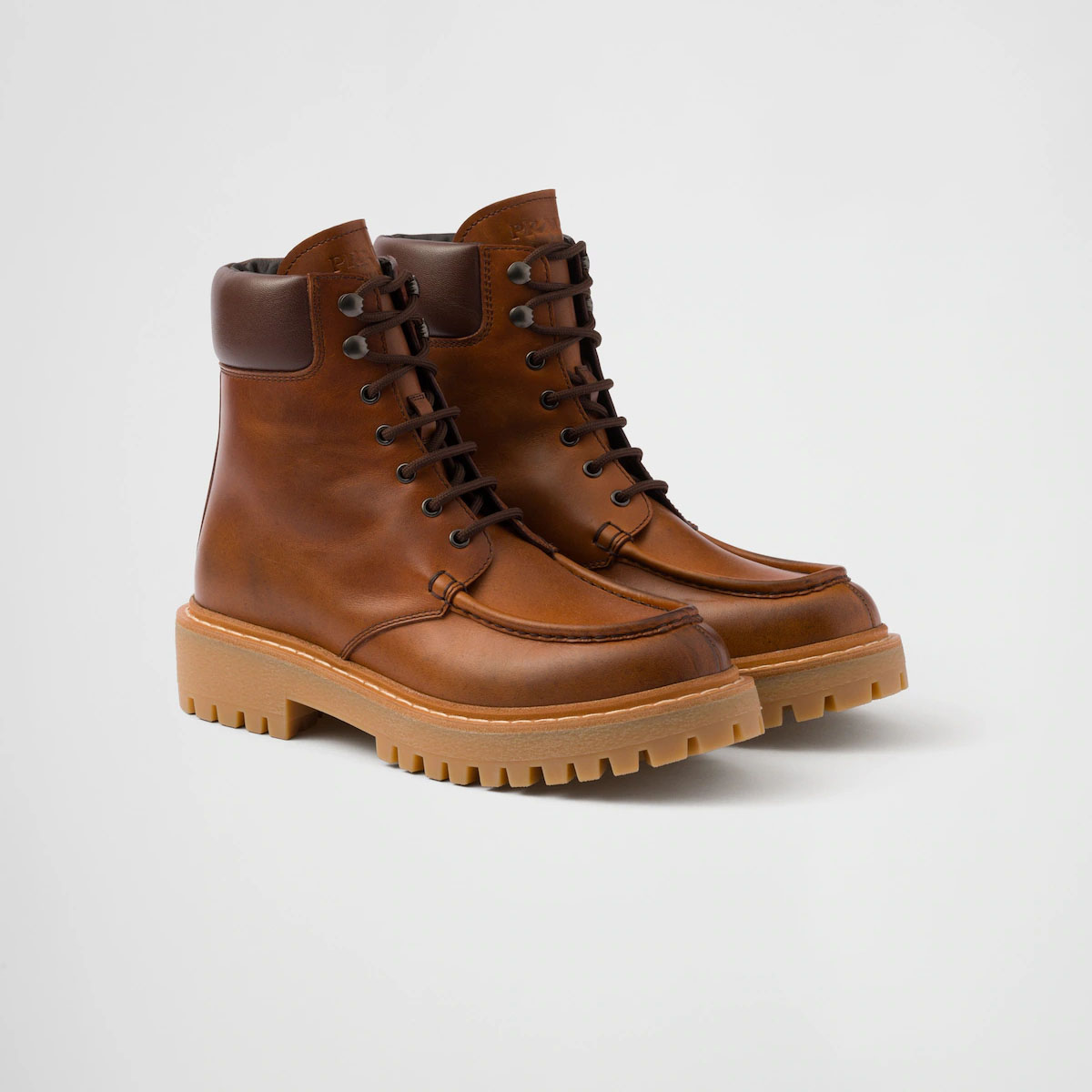 PRADA Lace-up ankle boots in cognac leather
