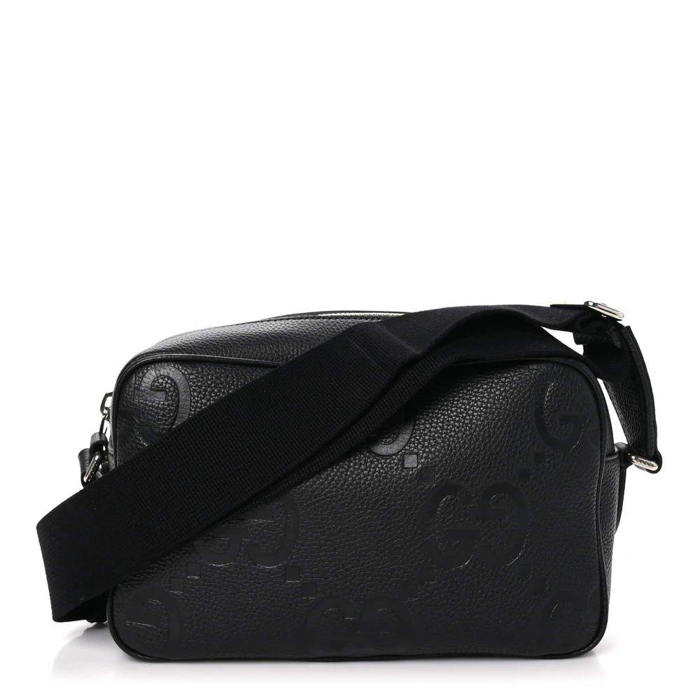 Gucci Medium Jumbo GG Messenger Bag Black Embossed Piuma Calfskin Leather Silver Hardware
