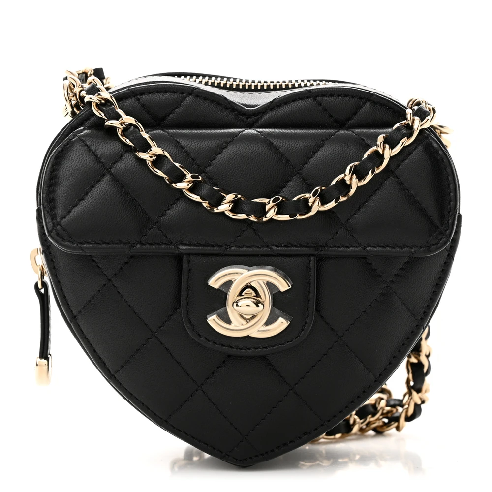 Chanel CC In Love Heart Clutch With Chain Small Black Quilted Lambskin Leather Light Gold Hardware