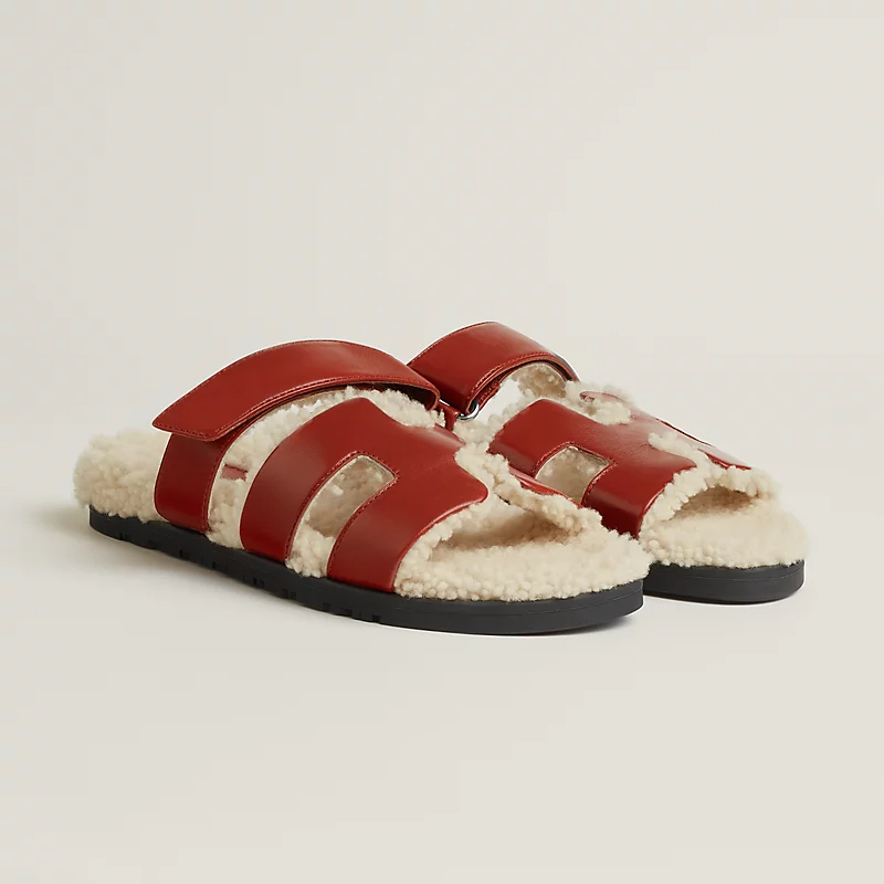 HERMES Chypre Red Wool of lamb Slippers