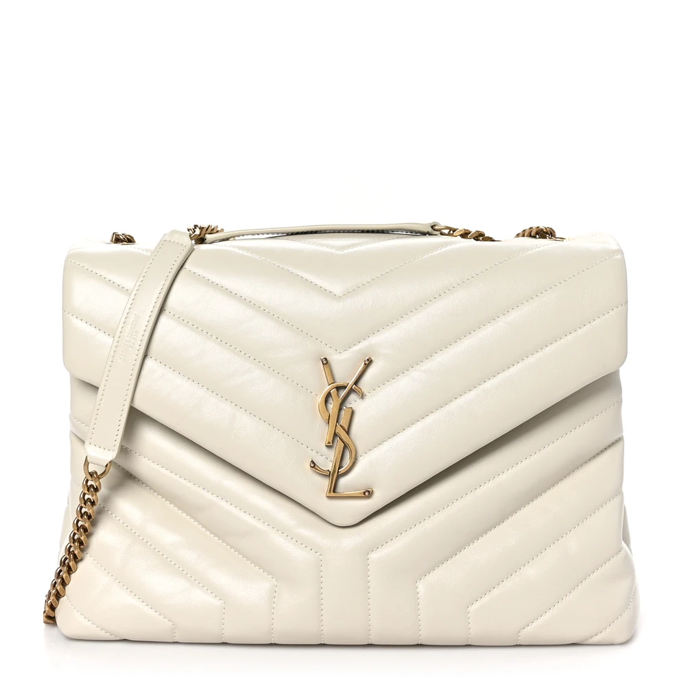 Saint Laurent Medium Loulou Chain Satchel Crema Soft Y-Quilted Monogram Calfskin Leather Silver Hardware