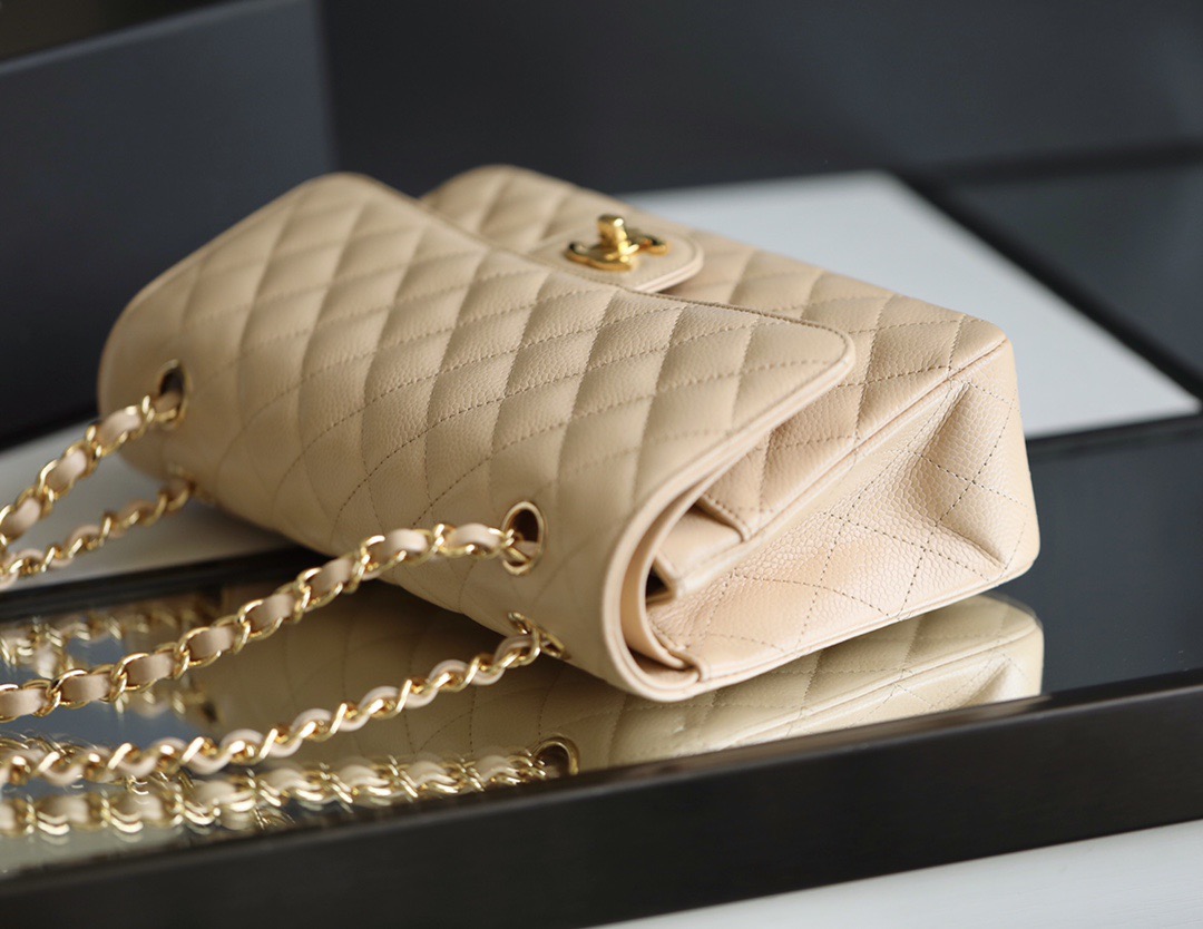 Chanel Beige Clair Quilted Caviar Medium Classic Double Flap Gold