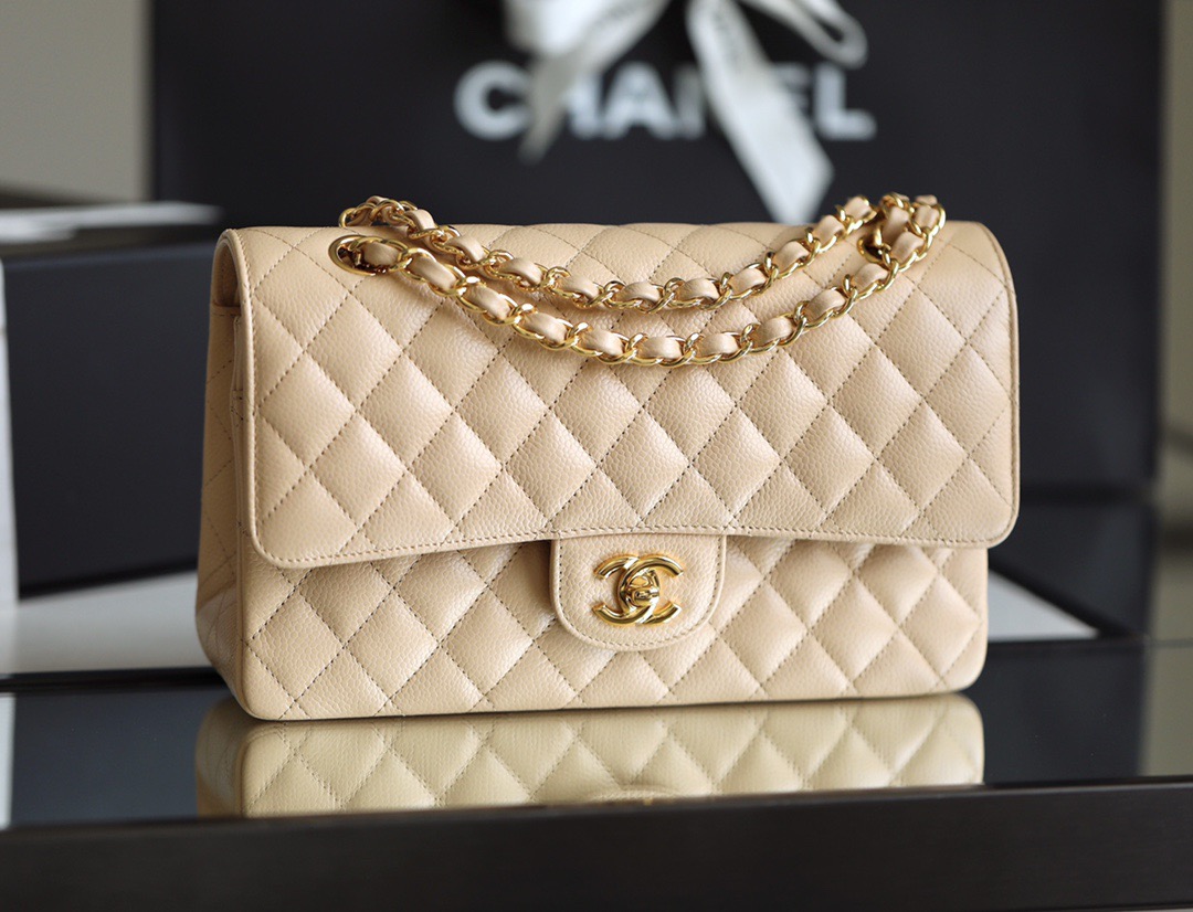 Chanel Beige Clair Quilted Caviar Medium Classic Double Flap Gold