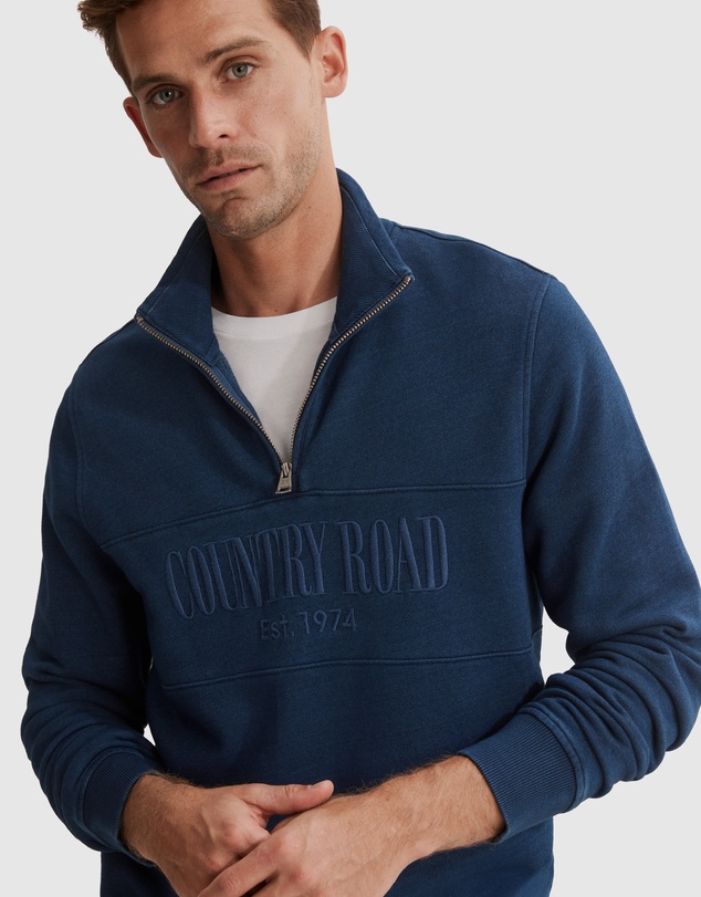 Country Road Verified Australian Cotton Indigo Half Zip Heritage Sweat