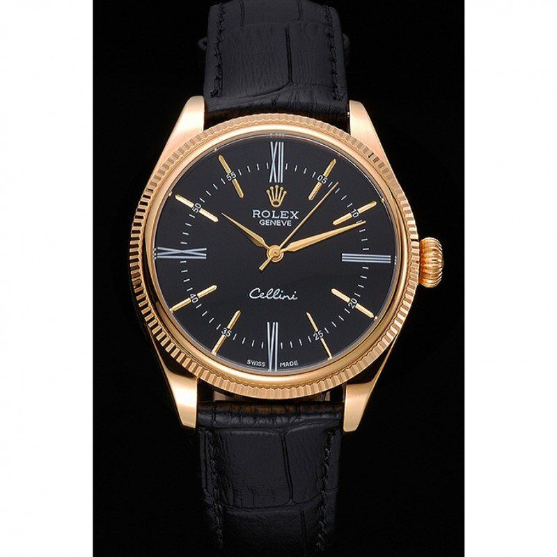rol€x Cellini Black Dial Gold Case Black Leather Strap 622832