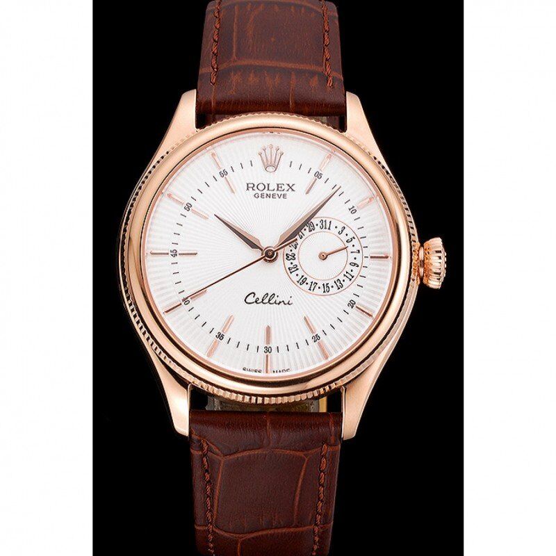 rol€x Cellini White Rose Dial Gold Case Brown Leather Bracelet 622725