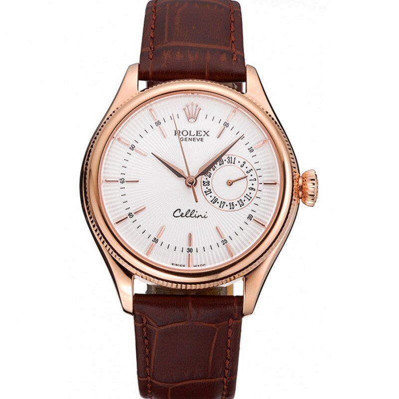 rol€x Cellini White Rose Dial Gold Case Brown Leather Bracelet 622725