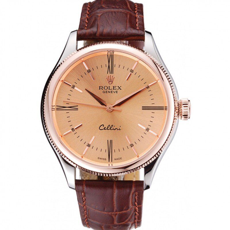 rol€x Cellini Gold Dial And Bezel Stainless Steel Case Brown Leather Strap 622840