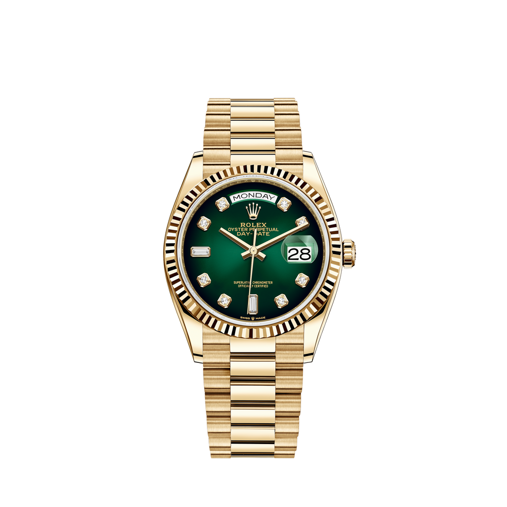 rol€x Day-Date 36 Green Ombre Diamond Dial Yellow Gold President Automatic Watch 128238