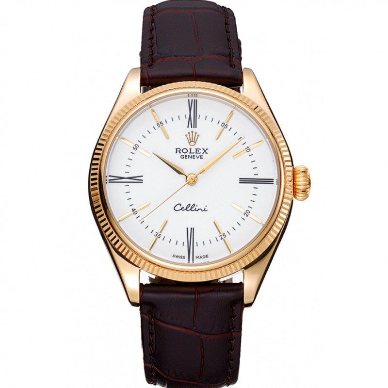 rol€x Cellini White Dial Gold Case Brown Leather Strap 622833