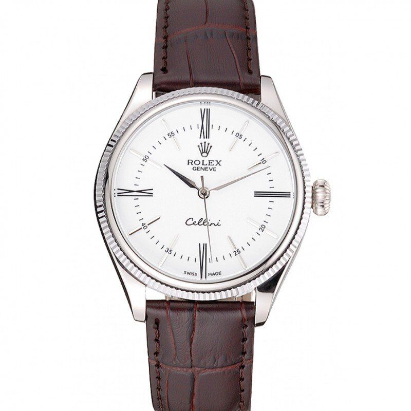 rol€x Cellini White Dial Stainless Steel Case Brown Leather Strap 622839