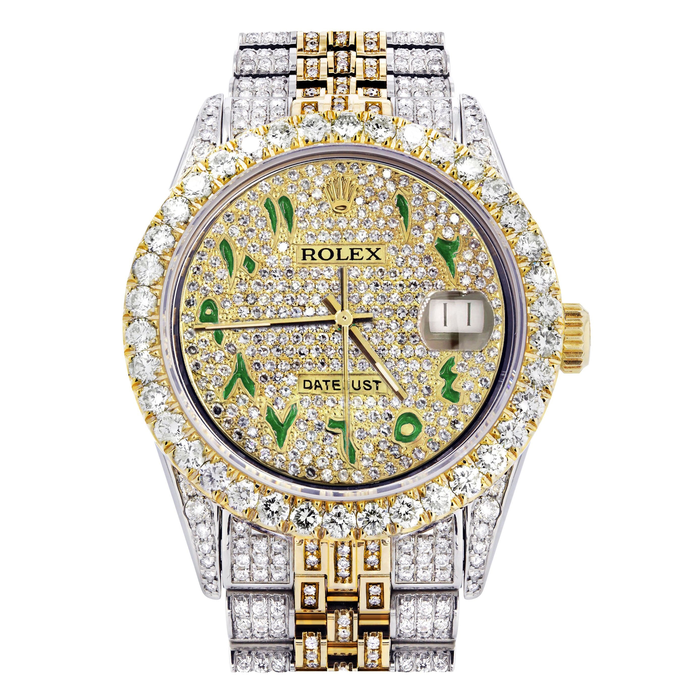 Iced Out rol€x Datejust 36 MM | Two Tone | Full Diamond Green Arabic Diamond Dial