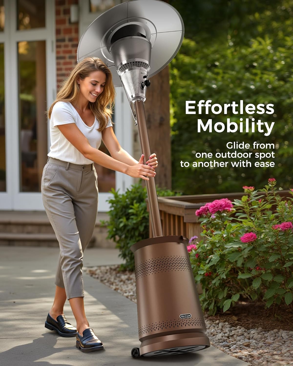 Mars Explo 50,000 BTU Patio Heater for Outdoor Use With Adjustable Heat Focusing Top, Portable Propane Patio Heater with Wheels, Stainless Steel Burner for Porch, Deck, Garden, Commercial (Brown)