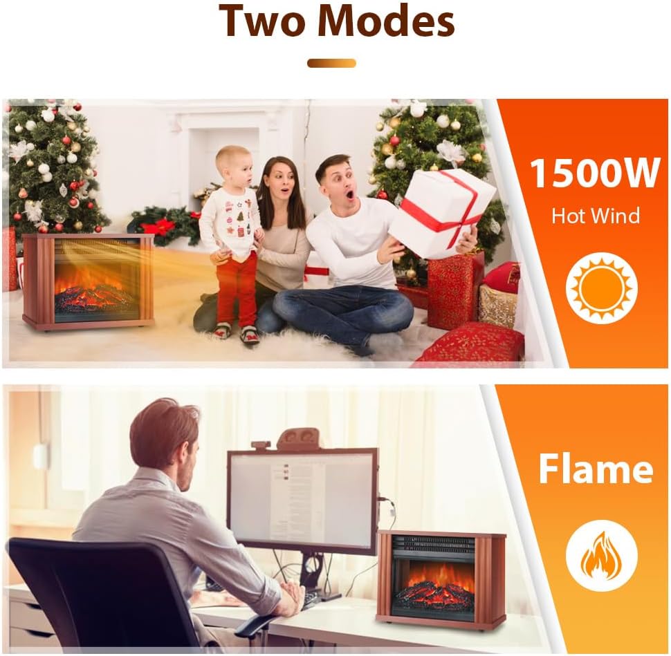 LifePlus Electric Fireplace Heater, Portable Wood Fireplace Stove with 3D Realistic Dancing Flame Effect, Tabletop Fireplace Space Heater Overheat Protection for Indoor Use Bedroom Office,1500W