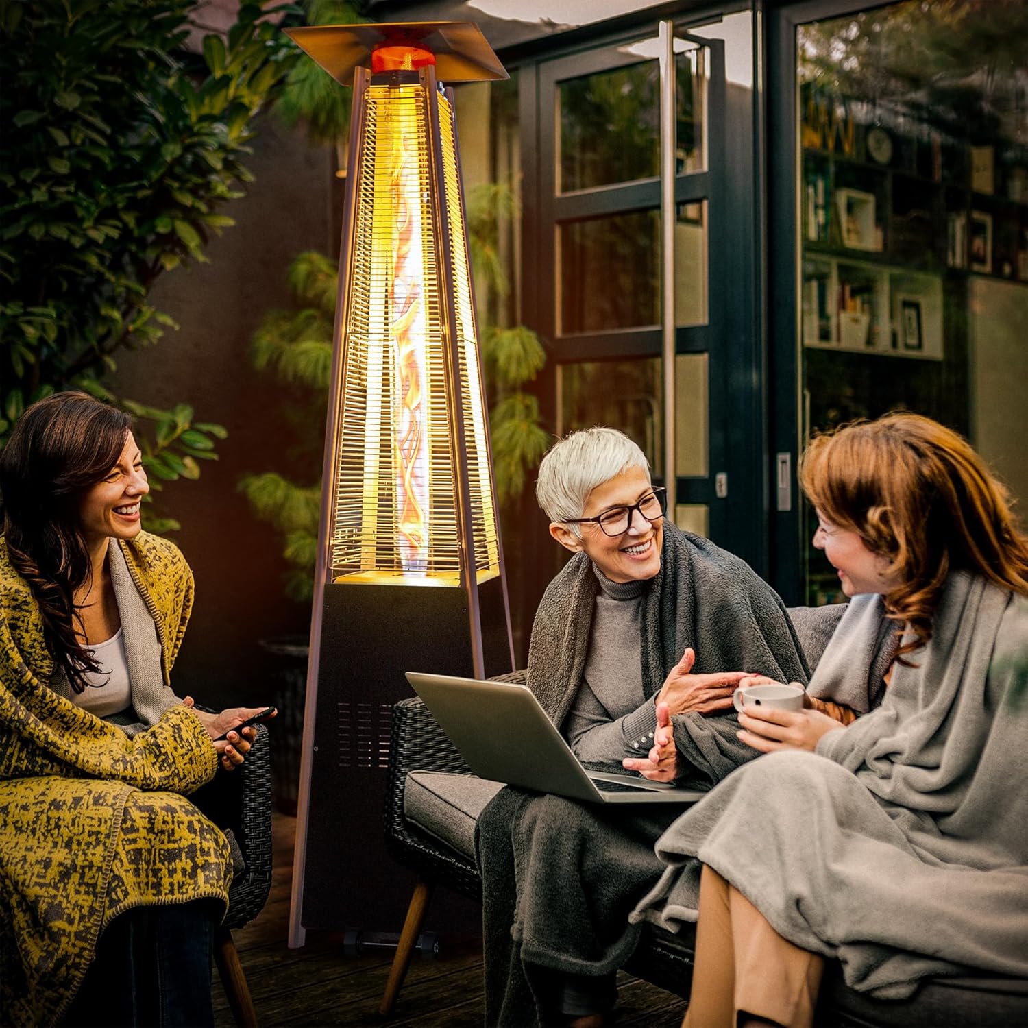 Pamapic Patio Heater with Cover, 48,000 BTU Pyramid Flame Outdoor Heater Quartz Glass Tube 87 Propane Heater