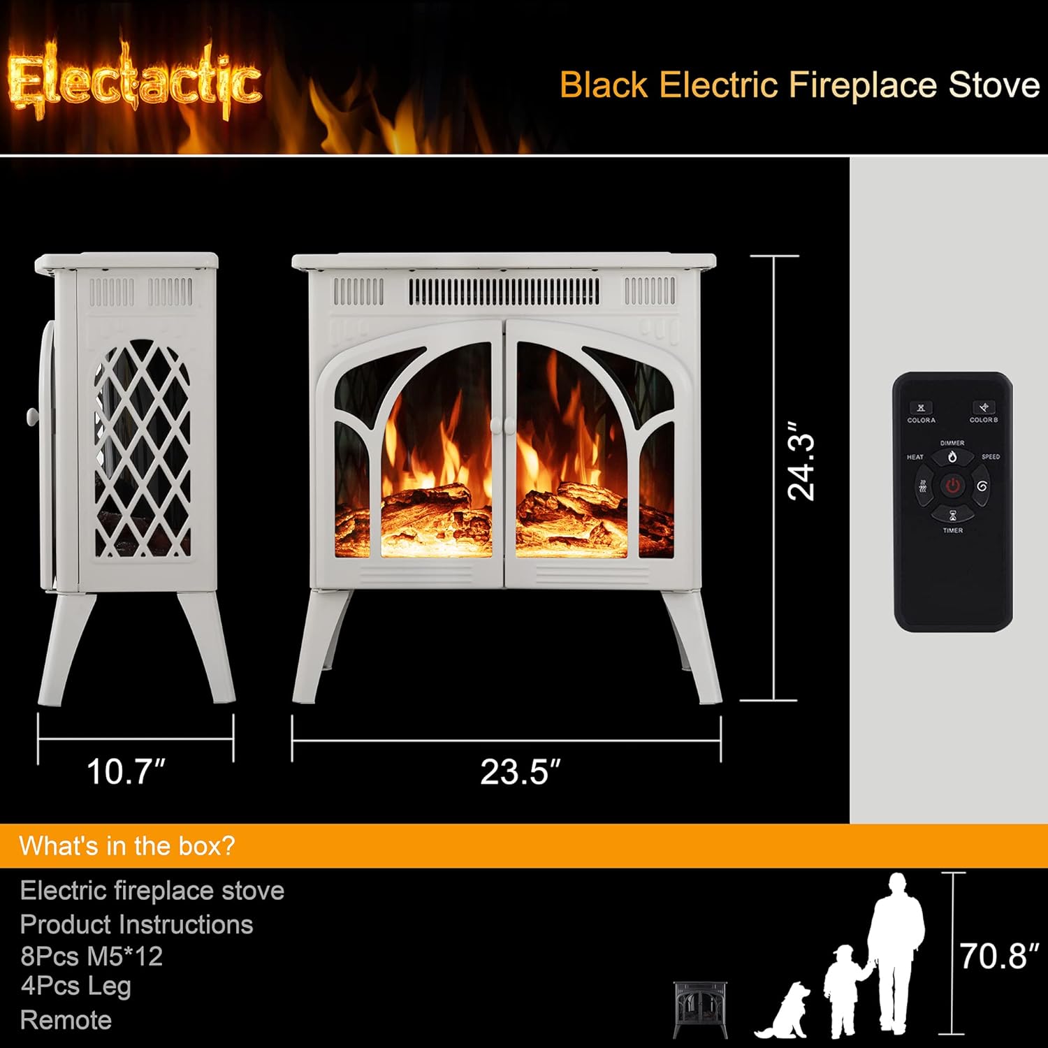 Electactic 24Inch Electric Fireplace Stove , Free-Standing Infrared Fireplace Stove, Controllable 3D Flame, 4 Variable Flame&Log Colors, 1500w, 5100BTU, Black (S230B-BLACK), 23.5L X 10.7W X 24.3H