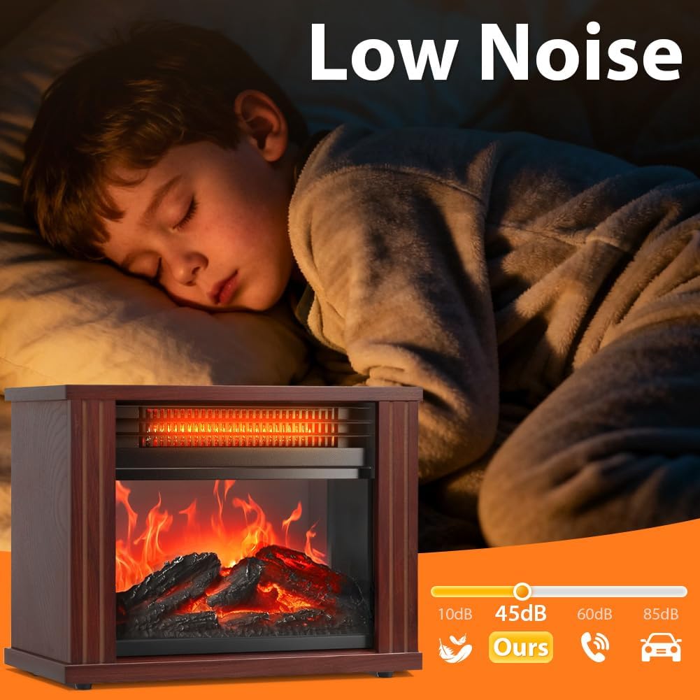 LifePlus Electric Fireplace Heater, Portable Wood Fireplace Stove with 3D Realistic Dancing Flame Effect, Tabletop Fireplace Space Heater Overheat Protection for Indoor Use Bedroom Office,1500W