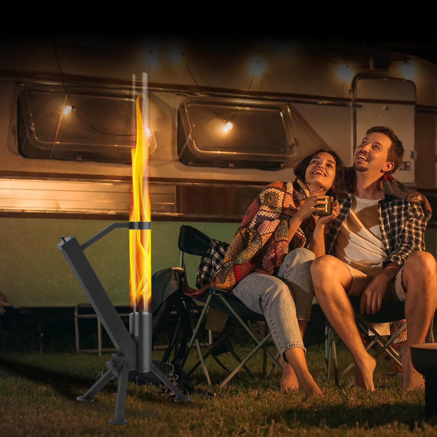 StarEcho Wood Pellet Patio Heater for Outdoor,Portable Patio Pellet Fire Rocket,Glass Tube for Yard,Wood Fire Pit with Party (Black)