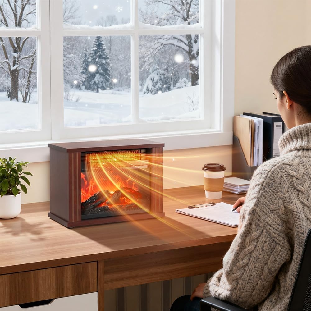 LifePlus Electric Fireplace Heater, Portable Wood Fireplace Stove with 3D Realistic Dancing Flame Effect, Tabletop Fireplace Space Heater Overheat Protection for Indoor Use Bedroom Office,1500W