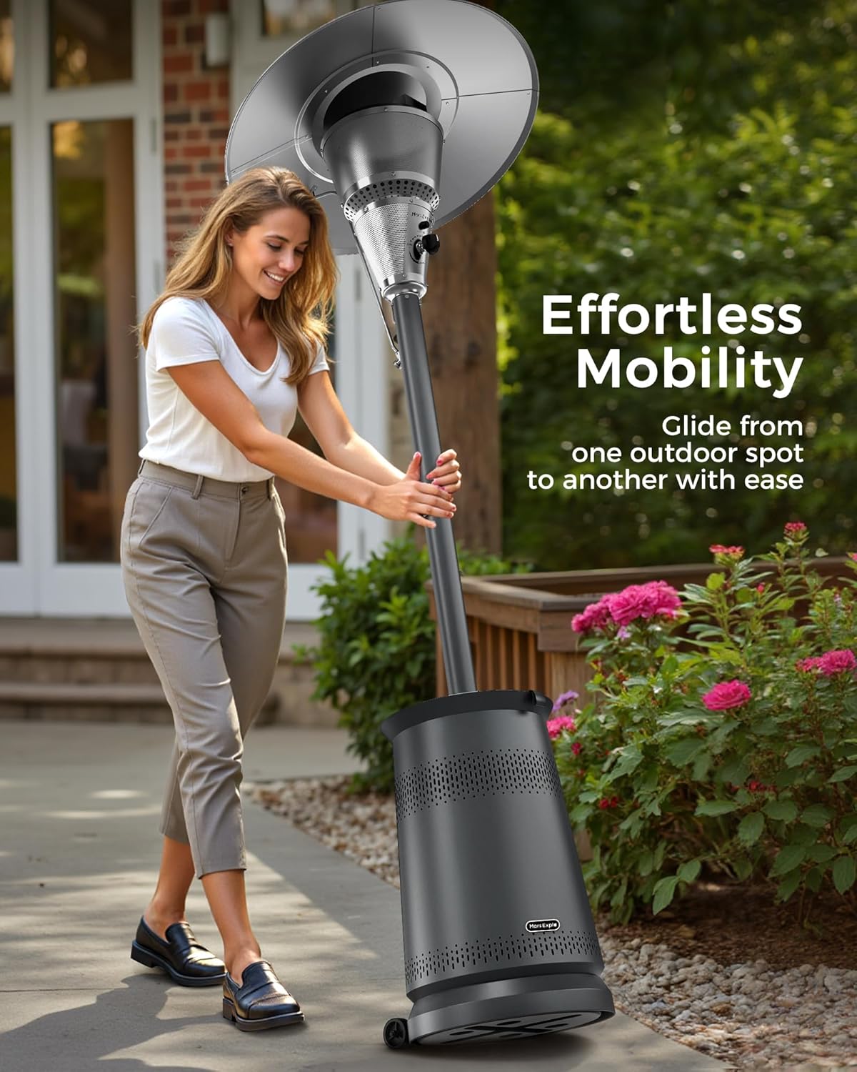 Mars Explo 50,000 BTU Patio Heater for Outdoor Use With Adjustable Heat Focusing Top, Portable Propane Patio Heater with Wheels, Stainless Steel Burner for Porch, Deck, Garden, Commercial (Brown)