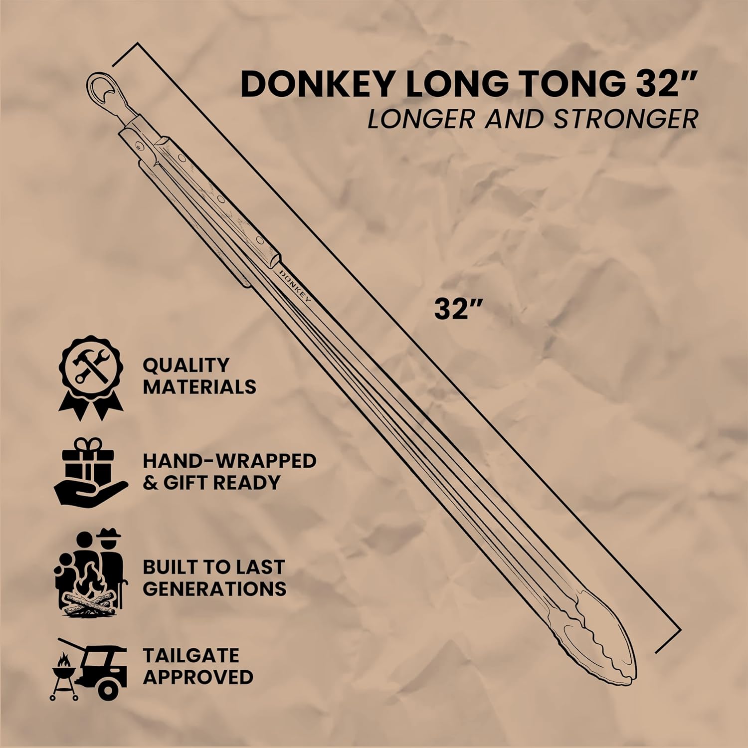 Donkey Long Tong BBQ Tongs 32 inch Extra Long Grill Tongs - - Stainless Steel, Locking Tongs, Bottle Opener, Wooden Handles, Premium Tongs