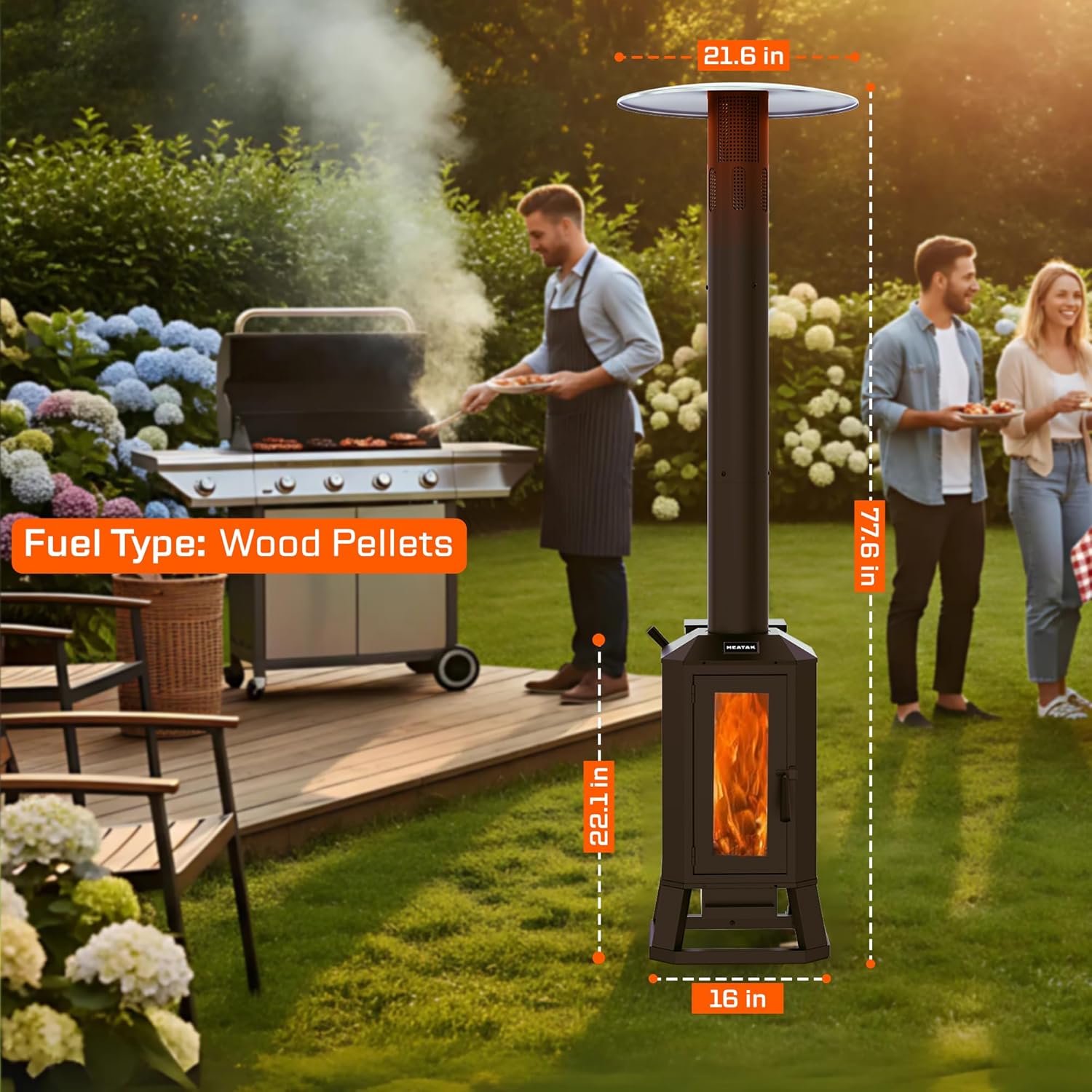 70,000 BTU Wood Pellet Outdoor Patio Heater with Glass Viewing Window – Pellet Heaters for Outdoor Use, Home, Gardens & Commercial - Portable with Wheels – Black