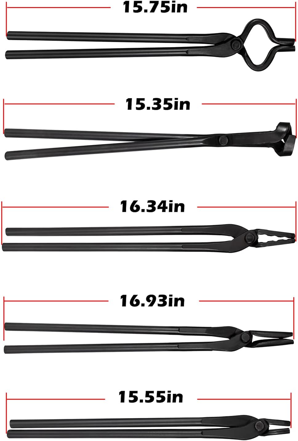 Blacksmith Tools Set - 5 Piece Tongs Kit Includes Flat, Square Jaw, Bolt, Blade, Wolf Jaw Tongs for Forging & Knife Making