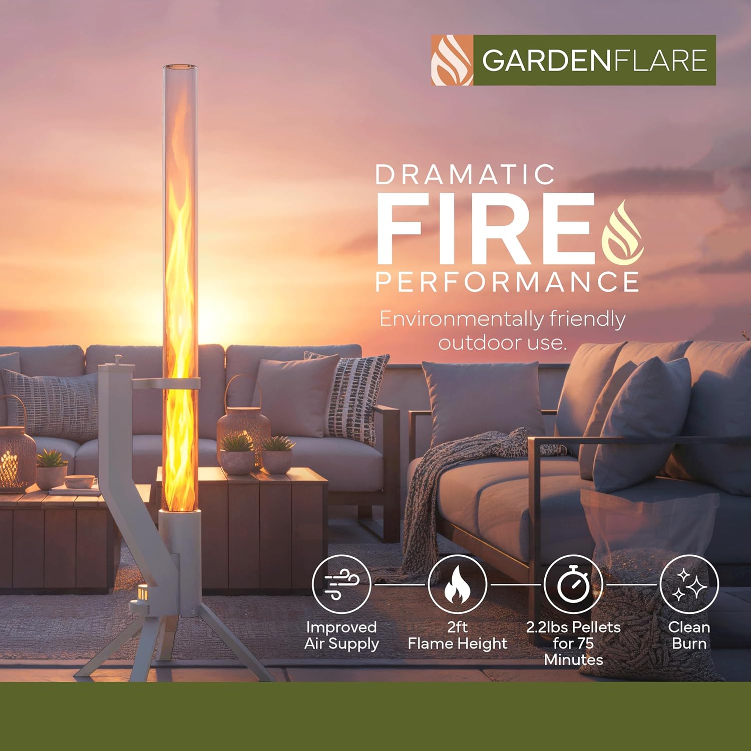 GARDENFLARE Smokeless Fire Pit - Outdoor Wood Pellet Fire Tube Stainless Steel firepit for Ambience Fire on Your Backyard, Patio, Porch & Garden (Matte Black, Classic)