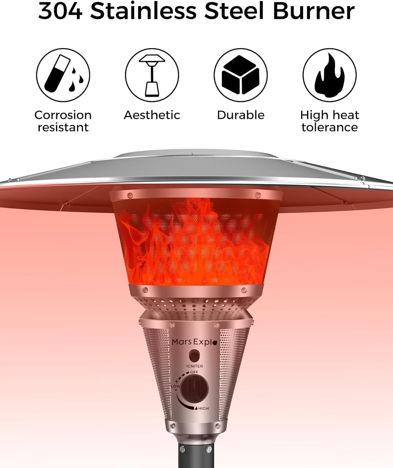 Mars Explo 50,000 BTU Patio Heater for Outdoor Use With Adjustable Heat Focusing Top, Portable Propane Patio Heater with Wheels, Stainless Steel Burner for Porch, Deck, Garden, Commercial (Brown)