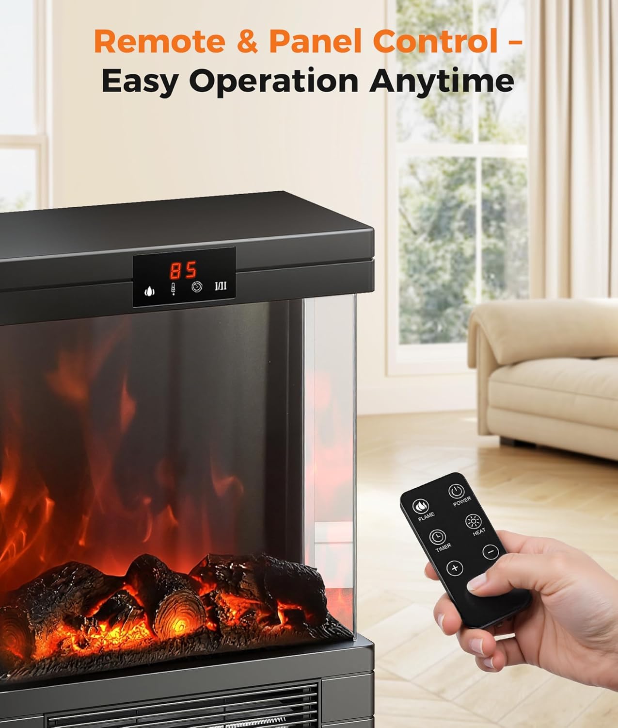 Oylus Electric Fireplace Stove Heater - Freestanding Fireplace Heater for Indoor Use with Realistic 3D Flame, Adjustable Thermostat & Remote, Quiet, Timer for Living Room and Bedroom
