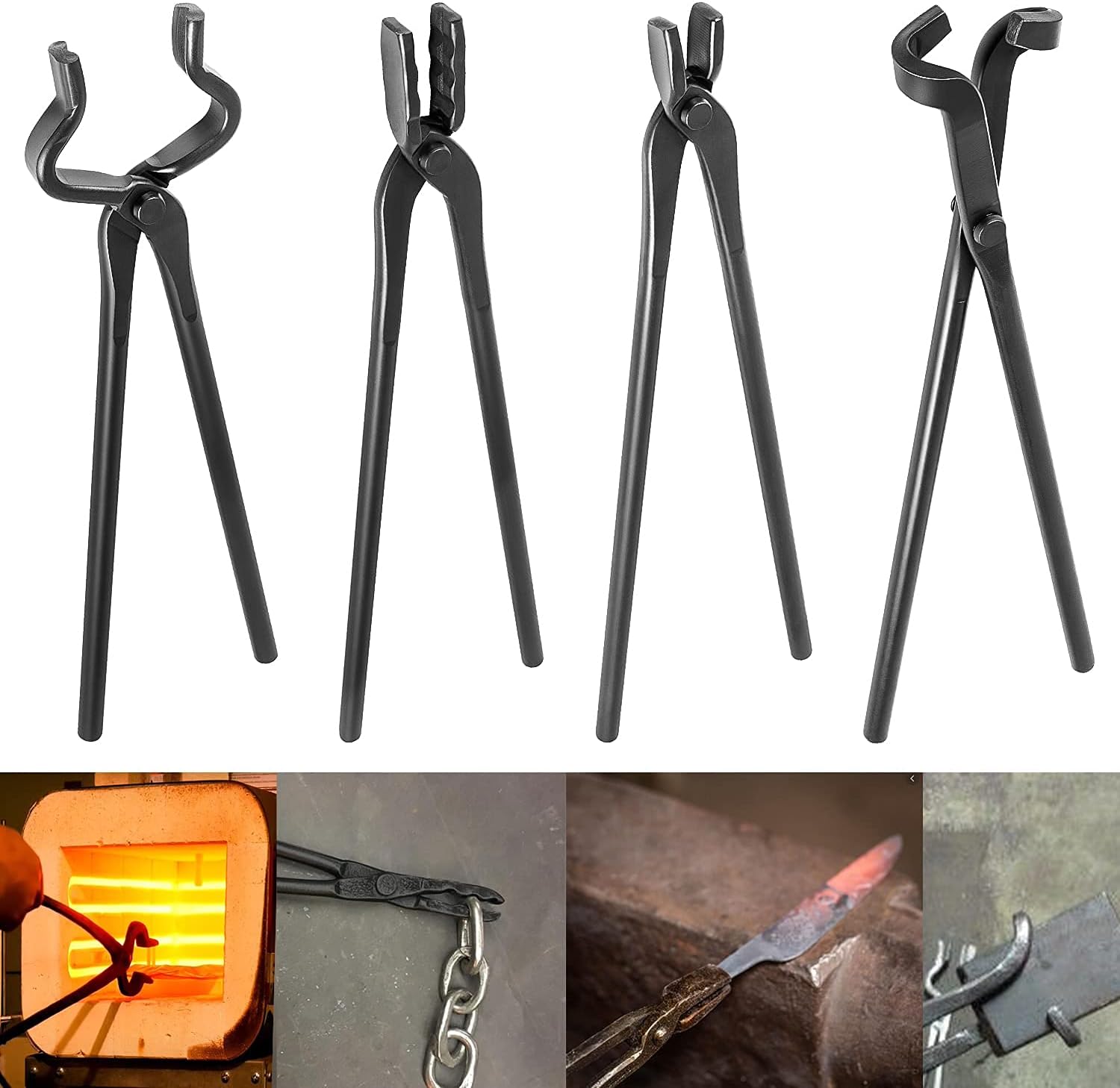 Blacksmith Tools Set - 5 Piece Tongs Kit Includes Flat, Square Jaw, Bolt, Blade, Wolf Jaw Tongs for Forging & Knife Making