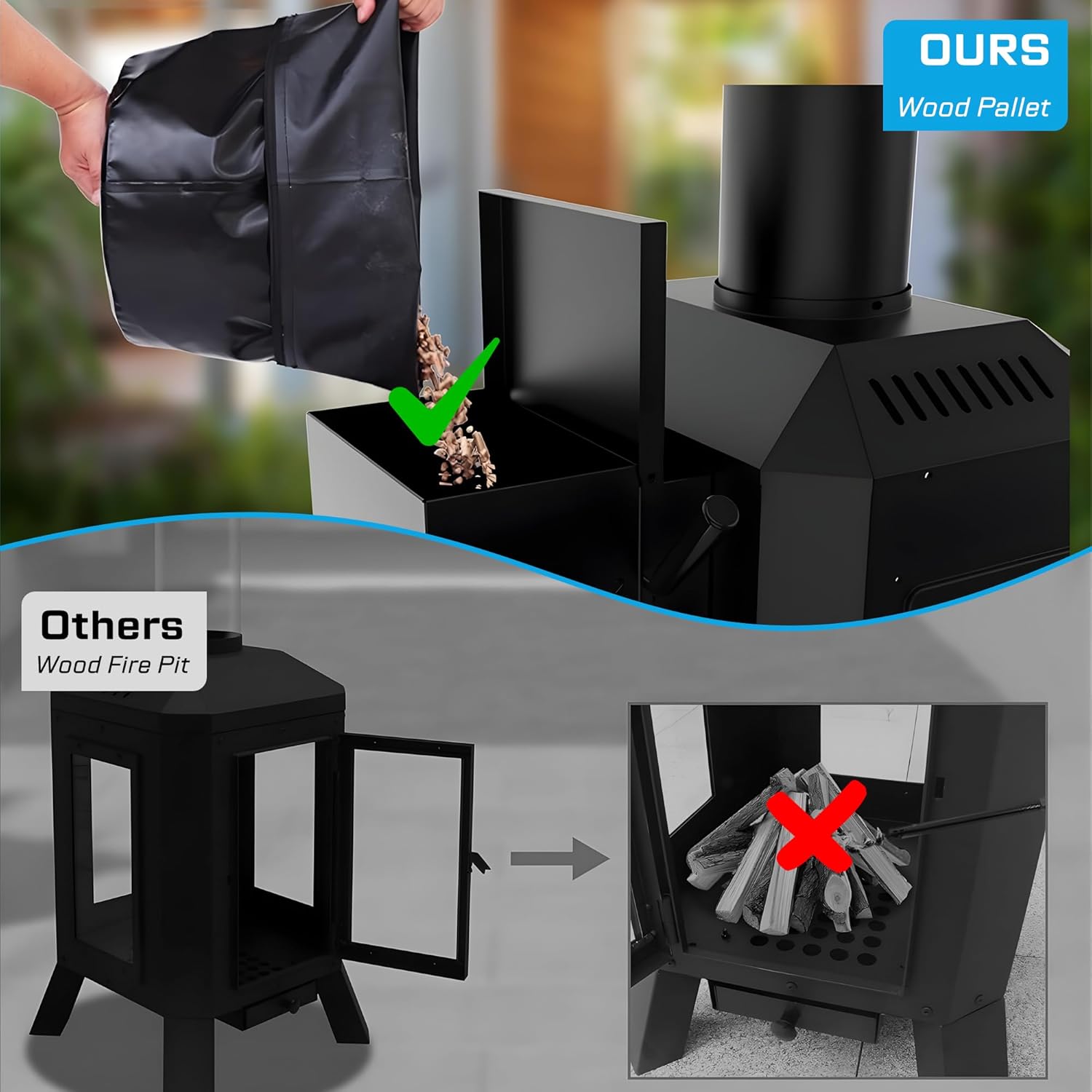 70,000 BTU Wood Pellet Outdoor Patio Heater with Glass Viewing Window – Pellet Heaters for Outdoor Use, Home, Gardens & Commercial - Portable with Wheels – Black