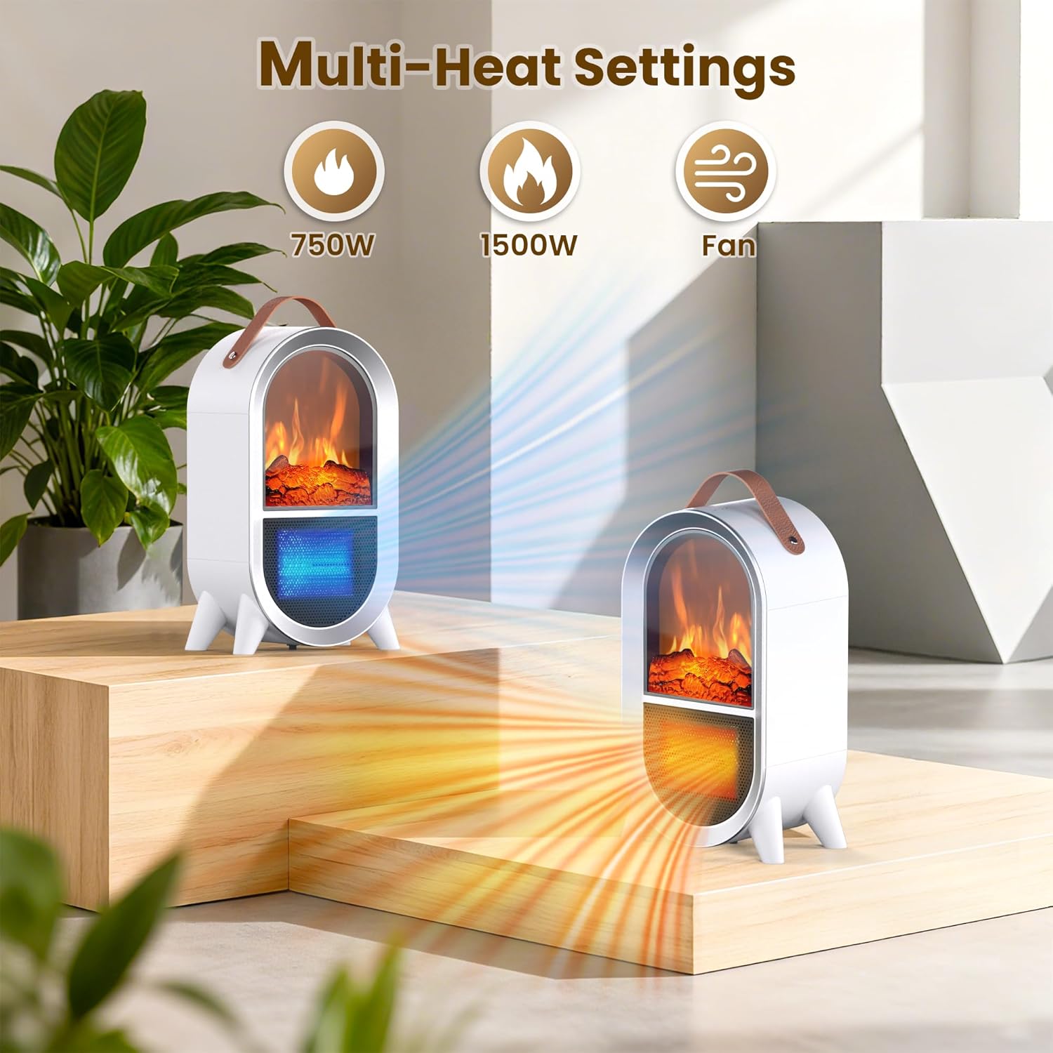 Riseon Portable Electric Fireplace Heater, 1500W/750W Mini Space Heater for Indoor Use with 3D Flame, Thermostat, Carry Handle, Overheat & Tipover Protection, for Home Office Bedroom Desk, Black