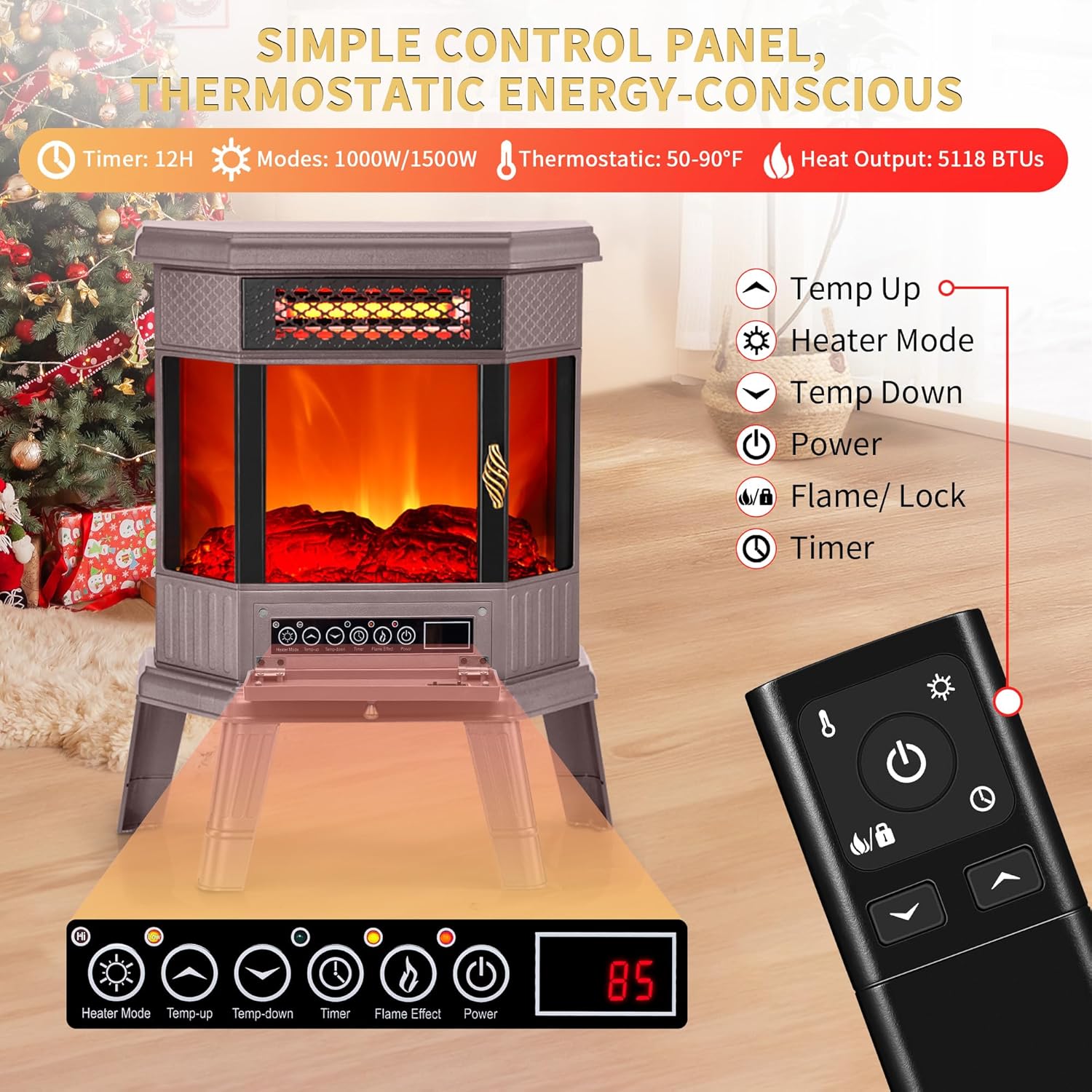 Electric Fireplace Heater 22 in Freestanding Fireplace Stove Infrared Fireplace RealSmart with 3D Flame Effect Remote Control, Timer, Overheating Protection Heater for Indoor Use Black