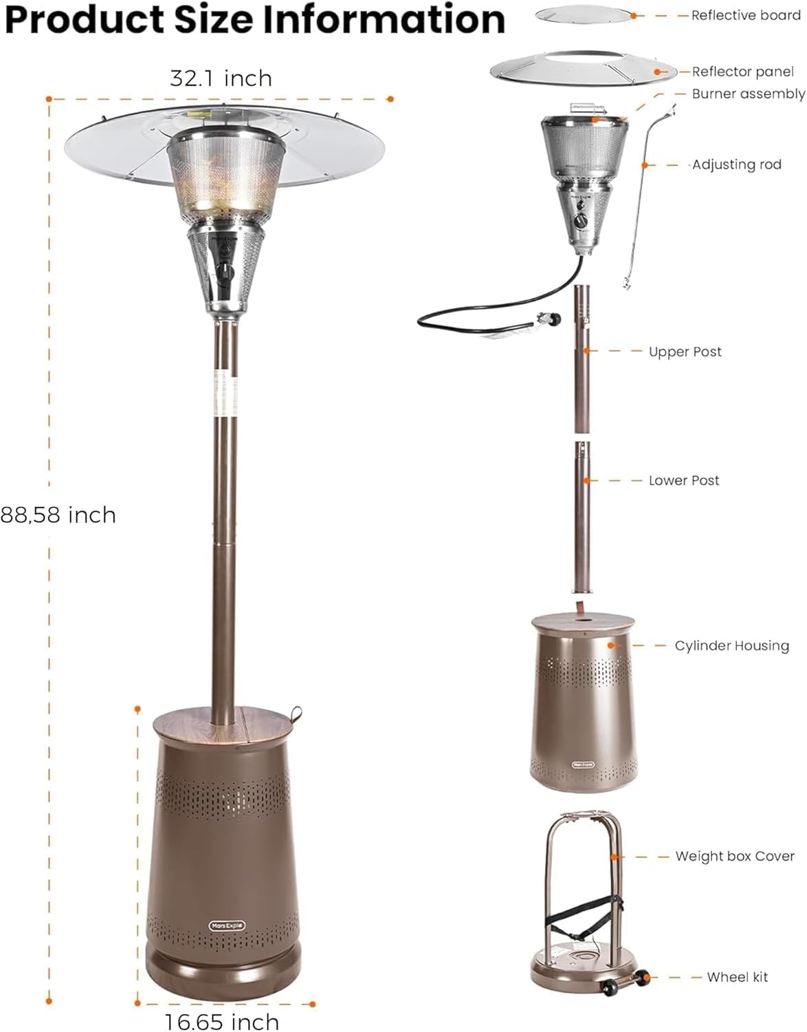 Mars Explo 50,000 BTU Patio Heater for Outdoor Use With Adjustable Heat Focusing Top, Portable Propane Patio Heater with Wheels, Stainless Steel Burner for Porch, Deck, Garden, Commercial (Brown)