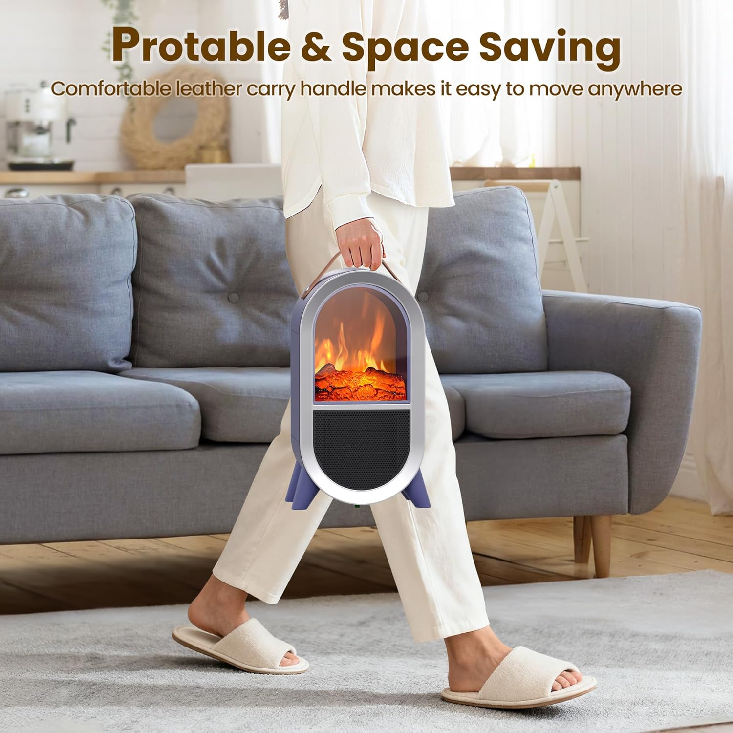 Riseon Portable Electric Fireplace Heater, 1500W/750W Mini Space Heater for Indoor Use with 3D Flame, Thermostat, Carry Handle, Overheat & Tipover Protection, for Home Office Bedroom Desk, Black