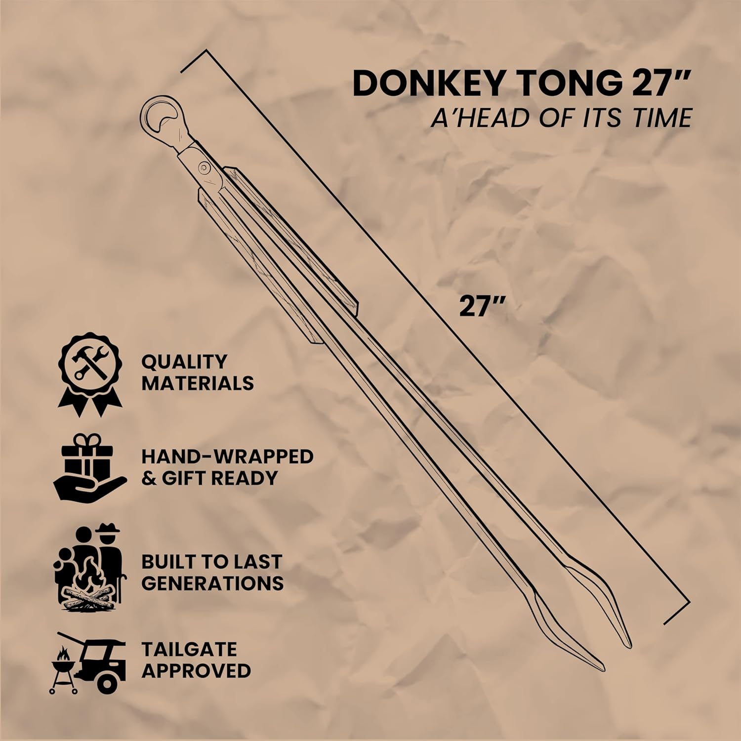 BBQ Tongs 27 inch Long Grill Tongs - Donkey Tong - Stainless Steel, Locking Tongs, Bottle Opener, Wooden Handles, Premium Tongs - Donkey Long Tong