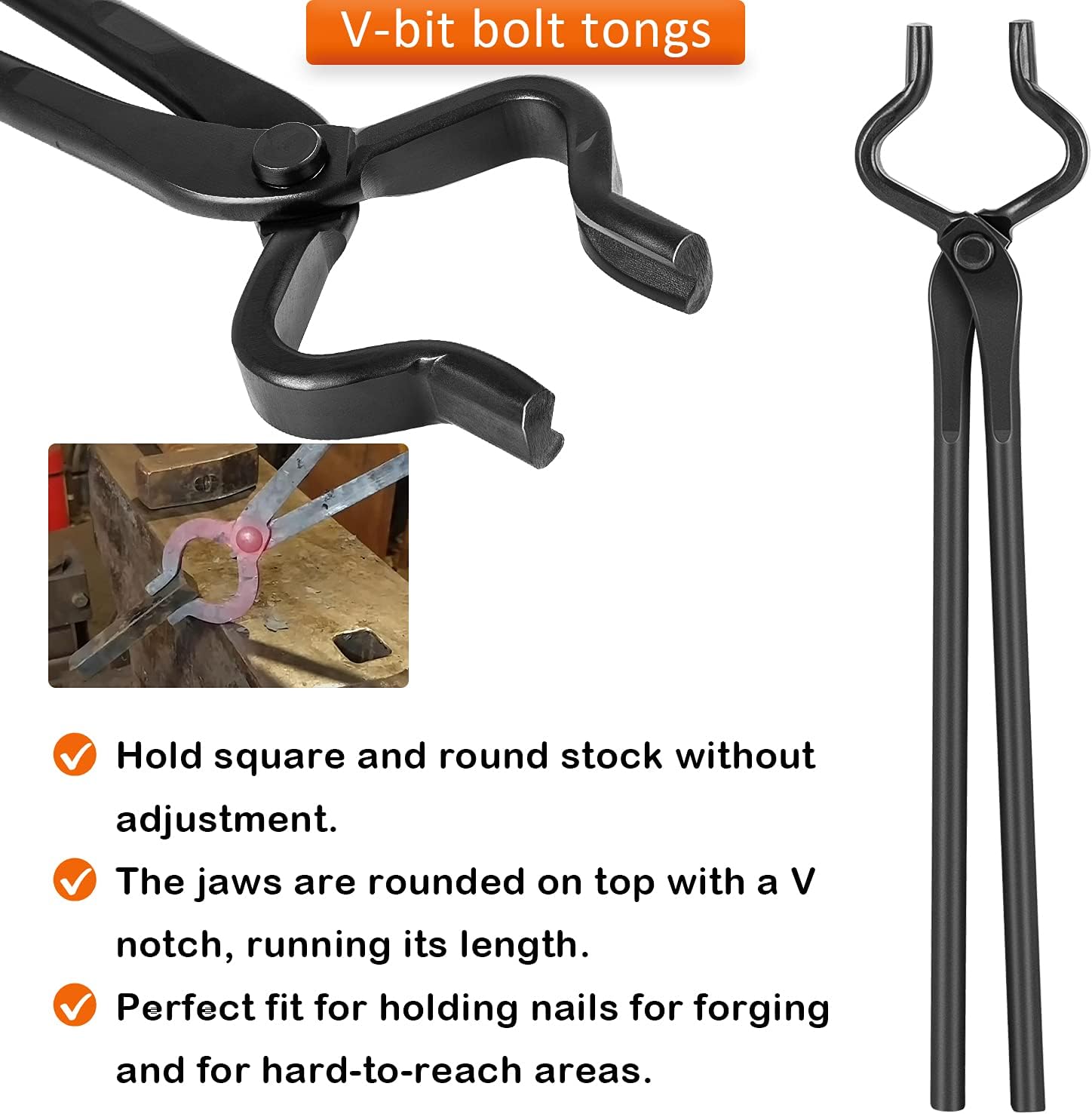 Blacksmith Tools Set - 5 Piece Tongs Kit Includes Flat, Square Jaw, Bolt, Blade, Wolf Jaw Tongs for Forging & Knife Making