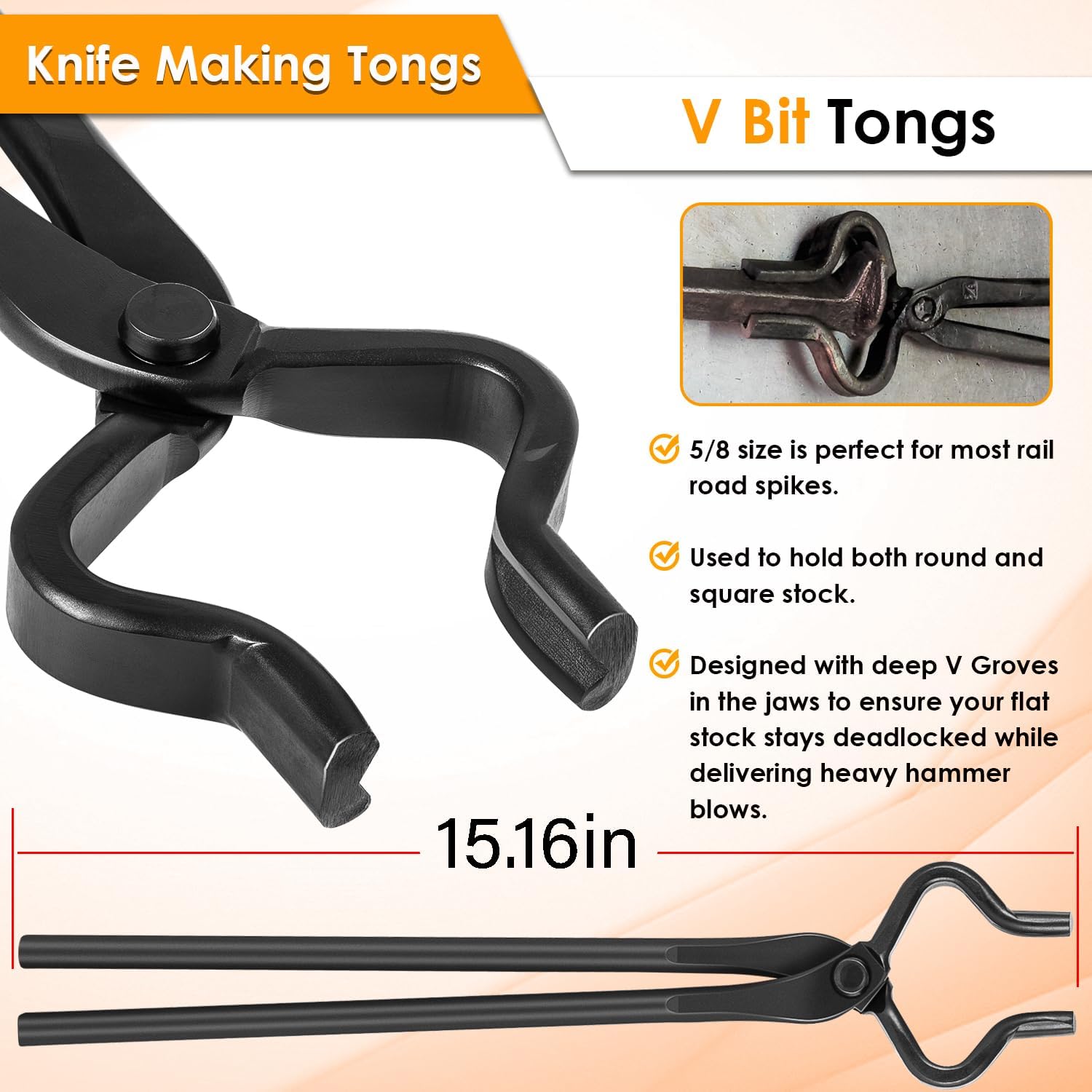 Blacksmith Tongs Knife Making Tongs Set 1/4 Flat Jaw, Pick Up, Scroll Tongs & 3/8 1/2 5/8 V-Bit Assembled Bladesmith Steel Forge Tongs Anvil Blacksmithing Tongs (6 Tongs)