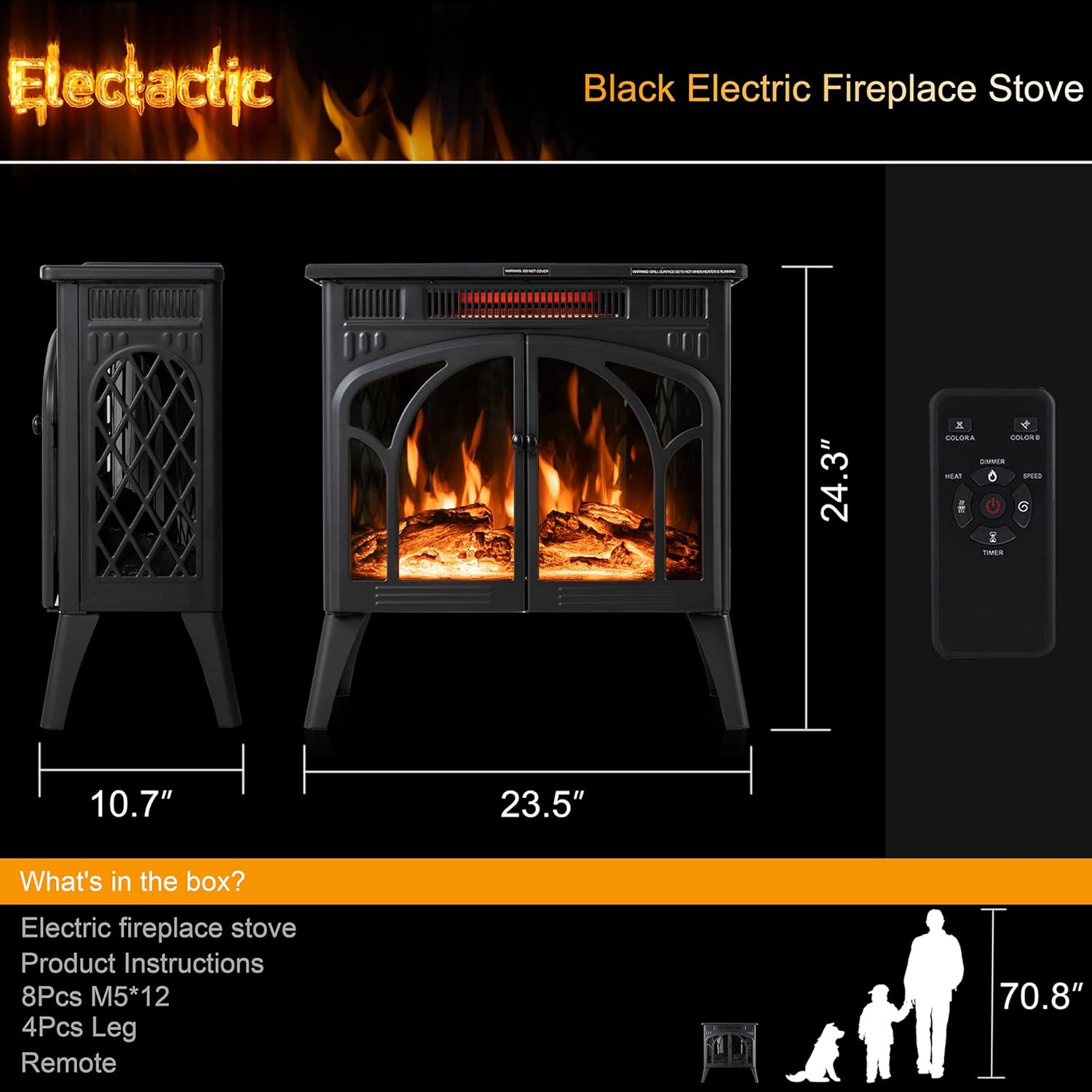 Electactic 24Inch Electric Fireplace Stove , Free-Standing Infrared Fireplace Stove, Controllable 3D Flame, 4 Variable Flame&Log Colors, 1500w, 5100BTU, Black (S230B-BLACK), 23.5L X 10.7W X 24.3H