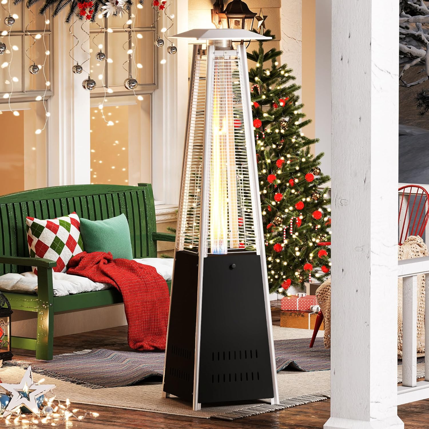 Outdoor Heater with Wheels Patio Heater Pyramid Deck Tower Patio Heaters for Outdoor Use Flame Glass Tube 42000 BTU Hammered Bronze Propane Natural Gas Tip Resist Safe ETL Black